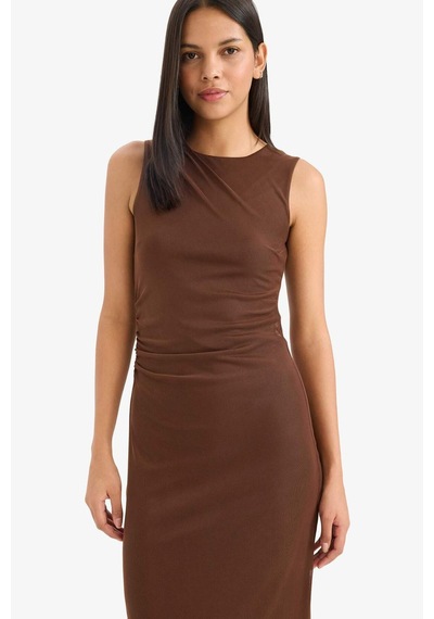Defacto Bodycon Vücudu Saran Yuvarlak Yaka Tül Kolsuz Midi Elbise D8036ax25aubn320 Kahve