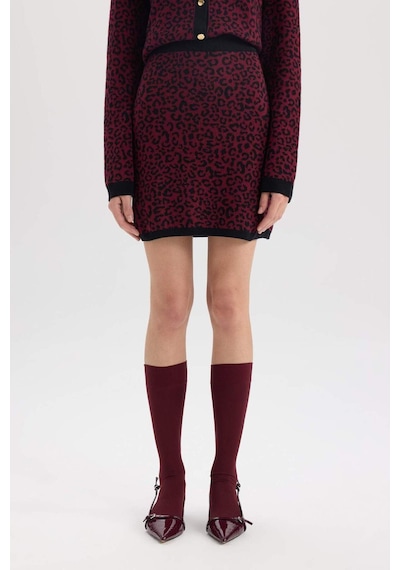 DeFacto A Kesim Leopar Desenli Mini Triko Etek D8516AX24WNBR115 Bordo