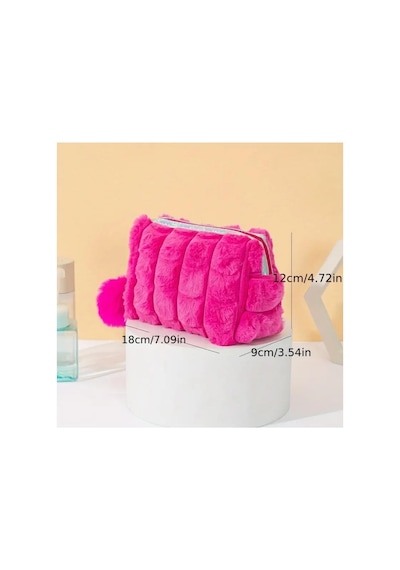 Pembe Peluş Makyaj Çantası, Holografik Detaylı, Ponponlu, Fermuarlı