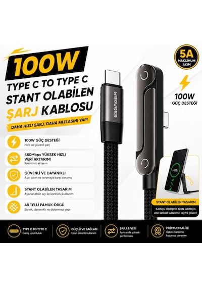 Essager 1 Metre 100w Type-c To Type-c Stant Olabilen Hızlı Şarj Kablosu 5a 480mbps Veri Aktarımlı Örgülü Dayanıklı