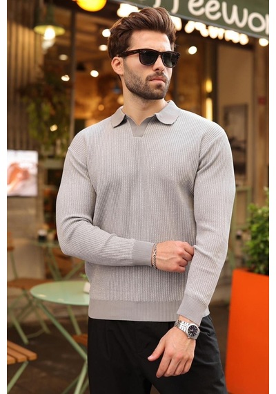 Madmext Gri Polo Yaka Dokulu Erkek Triko Kazak E7511 Gri/beyaz