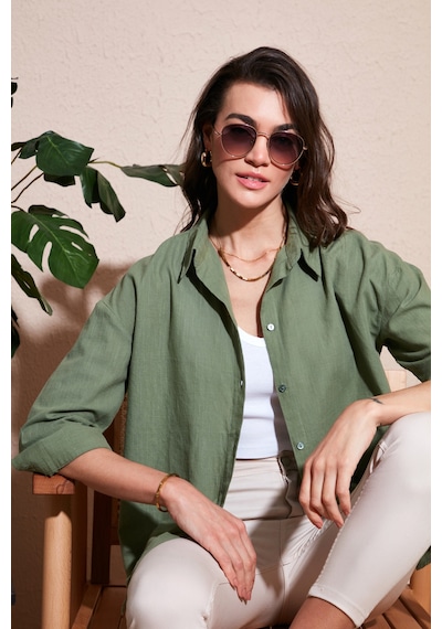 Lela Pamuklu Regular Fit Uzun Kollu Düz Bayan Gömlek Cf25S168305 Haki