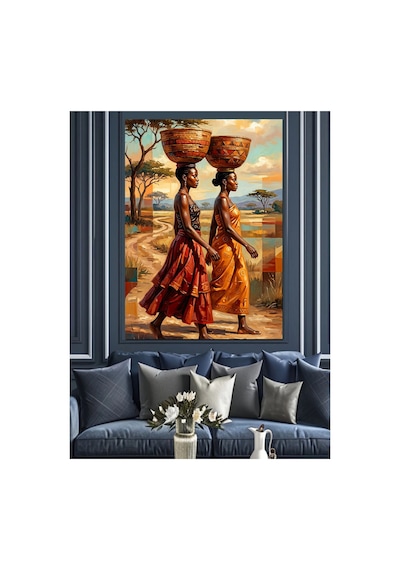 Sepet Taşıyan Afrikalı Kadınlar Sanatı Yağlı Boya Dokulu Kanvas Tablo Canvas Tablosu