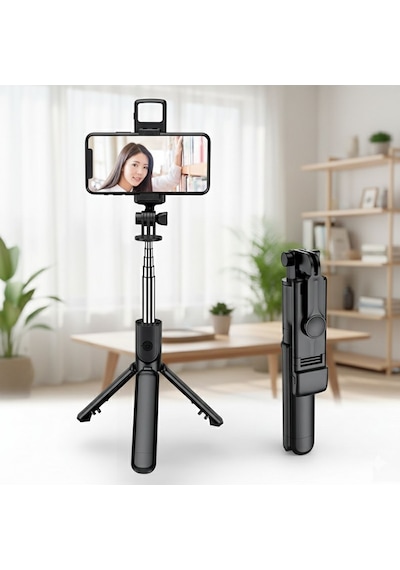 Bluetooth Kumandalı Tripodlu Işıklı Selfie Stick - Uzatılabilir, Apple Uyumlu iOS & Android Black