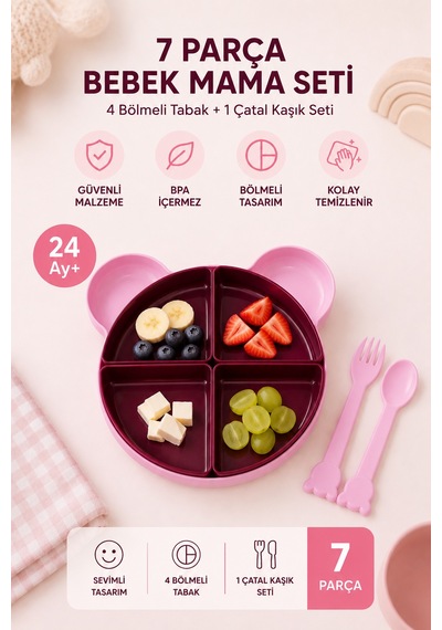 7 Parça Tepsili Yemek Seti Mama Tabağı Pembe 6015