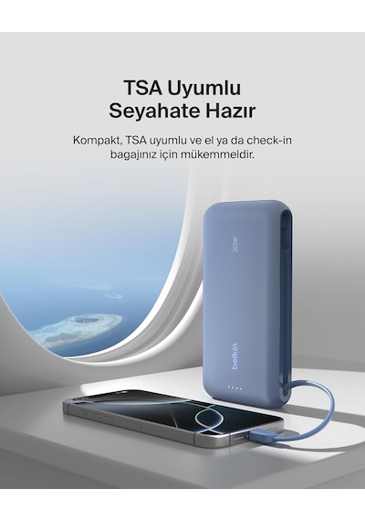 Taşınabilir Şarj Cihazı, 20k Entegre Kablolu Taşınabilir, 30 W Güç İletimli Hızlı Şarj, Usb-c, İphone 17, İpad Pro, Galaxy S25 Serisi Ve Daha Fazlası, Mavi