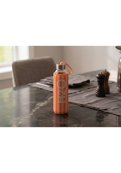H2o Desenlı Kılıflı 750 Ml Cam Matara Çızgı Turuncu