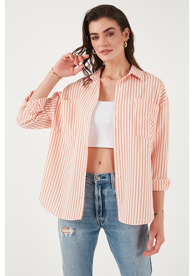 Lela Regular Fit Uzun Kollu Çizgili Bayan Gömlek 6772875 Oranj
