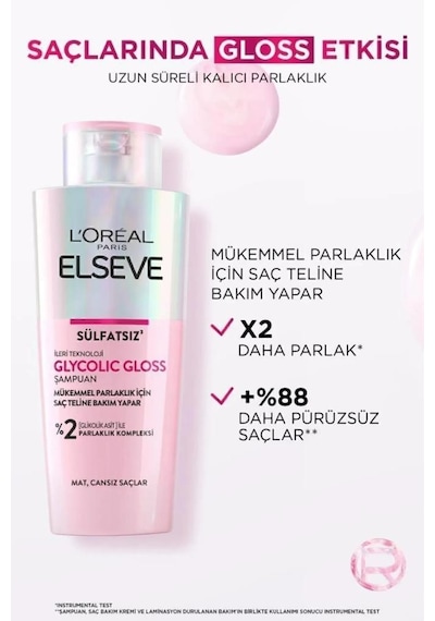 Elseve Glycolic Gloss Mükemmel Parlaklık 3'lü Saç Bakım Seti: Şampuan , Saç Kremi, Laminasyon Bakım