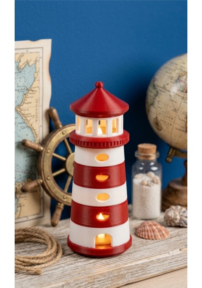 Dekoratif Tasarım Deniz Feneri Tealight - Kırmızı Beyaz Çok Renkli