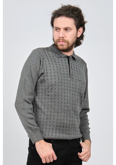 Çizgi Triko Erkek Cep Detaylı Polo Yaka Desenli Kazak 42544216 Gr Gri