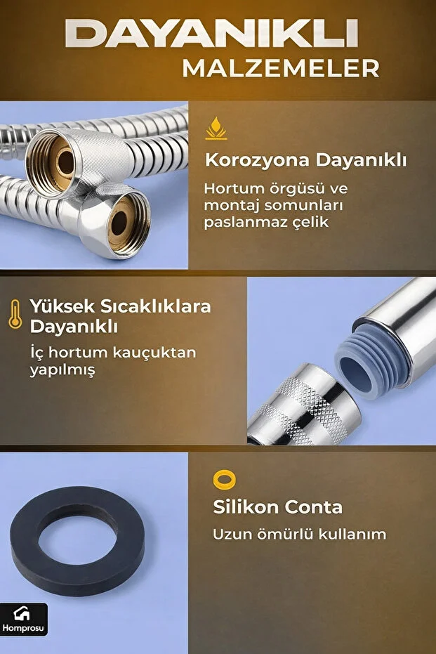 Duş Başlığı Seti 5 Fonksiyonlu Çelik Hortumlu Yüksek Basınçlı Parlak Krom