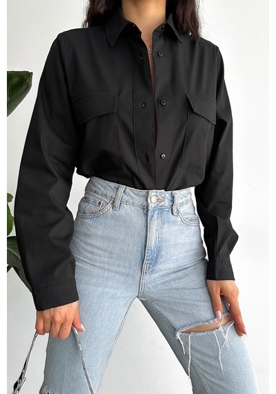 Femelle Kadın Siyah Yeni Sezon Çift Cepli Oversize Gömlek