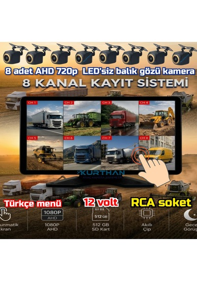 8 Ch 10 İnç Dokunmatik Ekran 8 Adet Ledsiz Ahd 720p Balık Gözü Kamera 512 Gb Dvr Adas Bsd 12 Volt