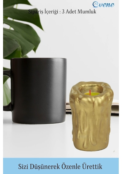 Mumluk Şamdan 3 Adet Tealight Uyumlu Üçlü Büyük Erimiş Mum Model - Altın