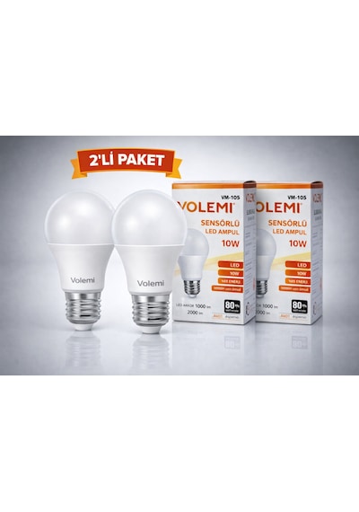 Volemi Vm-10s Sensörlü Led Ampul 10w 2000 Lümen E27 Duy 50000 Saat Ömür Enerji Tasarruflu Beyaz Işık 2 Adet