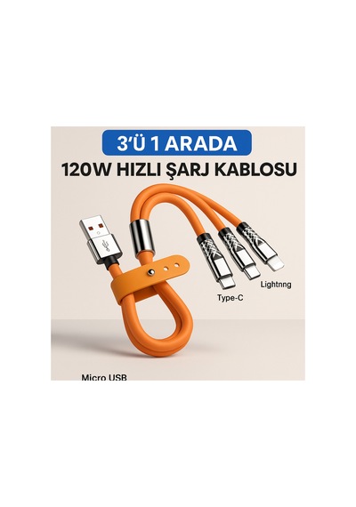 3'ü 1 Arada 120w Hızlı Şarj Kablosu Micro Usb, Type-c Ve Lightning Uyumlu Samsung, Apple iPhone Turuncu - 736617527