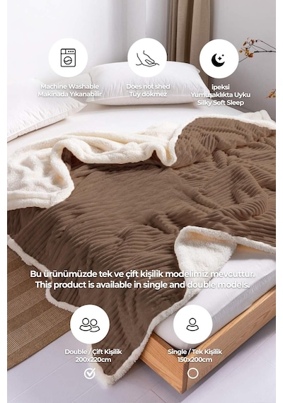 Sherpa Battaniye Çift Kişilik Çizgili Yumuşak Peluş Wellsoft Yatak Örtüsü Koyu Kahverengi