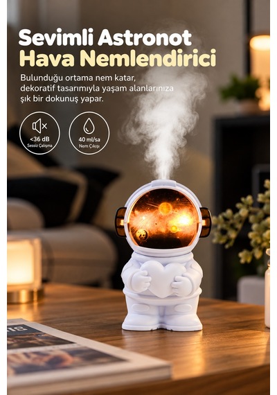 Exenar - Beyaz - Çocuk Odası Nemlendirci Gece Lambası Astronot Tasarımlı Hava Nemlendirici 220 Ml İnce Buhar Teknolojili Dekoratif