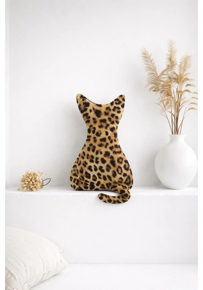 Leopar Desenli Kedi Formlu Dekoratif Yastık
