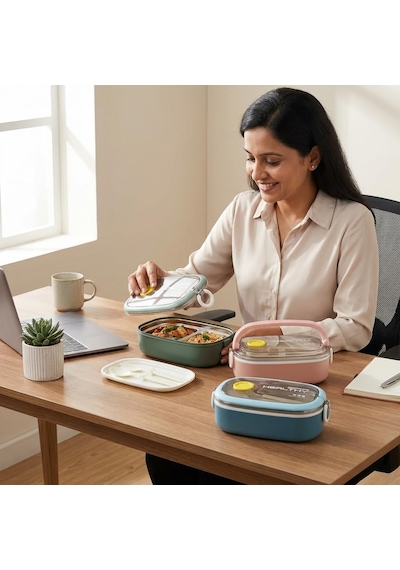 Paslanmaz Çelik Yemek Kabı 750 Ml, Çatal Kaşık Dahil, Kilitli Kapaklı Lunch Box, Yemek Taşıma Ve Saklama Kabı, 21x12x7,50 Cm, Yeşil/pembe/mavi Çok Renkli