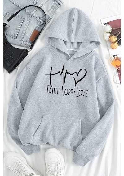 Uyguntarz Faith Hope Love Baskılı Oversize Sweatshirt Gri