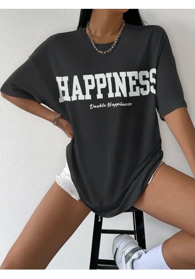 Noıssey Chulchan Shop Happiness Baskılı Beyaz Oversize T-shirt Siyah