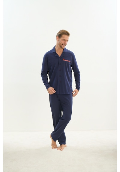 Sevim Erkek Uzun Kol Gömlek Yaka Önden Düğmeli Lacivert Pijama Takım C0t1n5o9 001