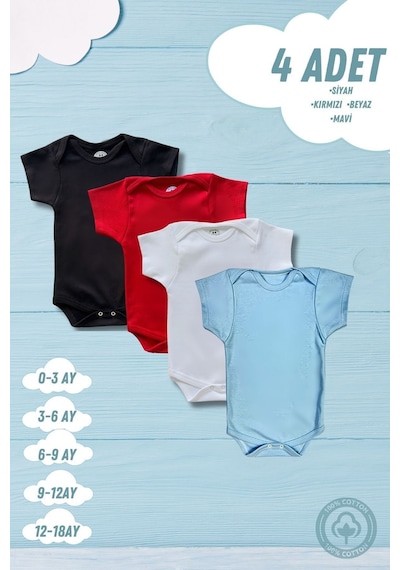 Betül Bebek Kısa Kollu 4'lü Organik Pamuk Çıtçıtlı Bebek Body & Zıbın Siyah,kırmızı,beyaz,mavi Çok Renkli
