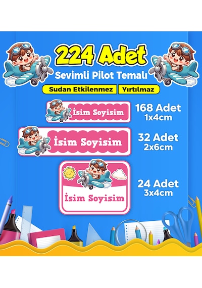 Sevimli Pilot Temalı Okul Kreş Kişiye Özel İsim Etiket Seti - Model 326 Çok Renkli