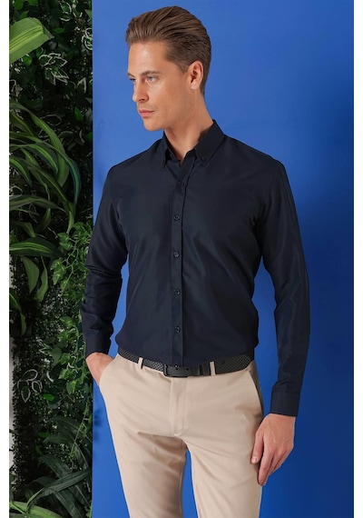 Efor Slim Fit Düğmeli Yaka Pamuklu Klasik Lacivert Gömlek Gk 715 Lacivert
