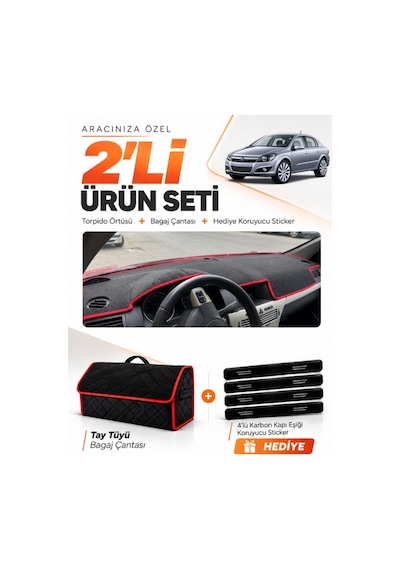 E-biz Opel Astra H 2003-2014 Uyumlu Torpido Örtüsü + Tay Tüyü Çanta - Siyah-kırmızı - Op003