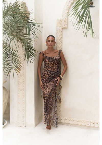 Mai Collection Mai Studios Co. Magi Fırfır Detay Leopar Uzun Elbise Leopar Desenlı