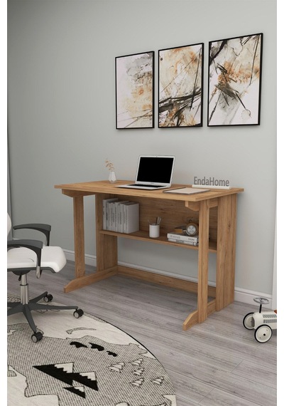 Enda Home Pillar Kütüphaneli Geniş Çalışma Masası 100x56 Cm Çam Atlantik Çam