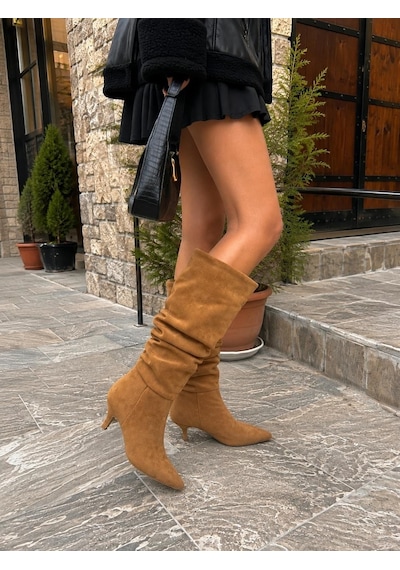 Asmi Shoes Kadın Tima Taba 6 Cm Topuklu Körüklü Sivri Burun Çivi Topuk Çizme