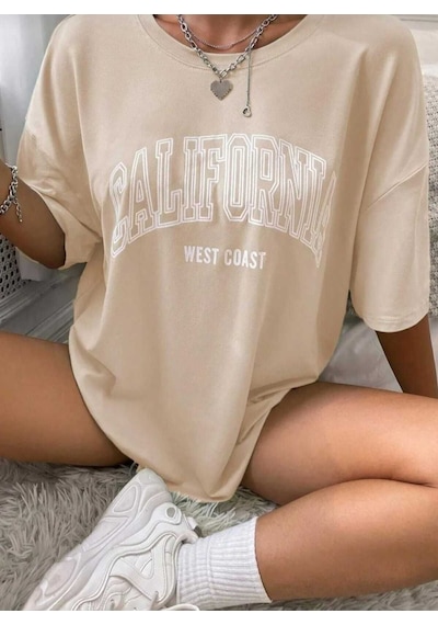 Kozia Outdoors Malkoçbey Los Angeles Baskili Oversize Unisex Basic T-shirt Bej