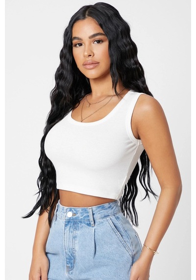 Angbutik Kadın Beyaz Kare Yaka Crop Top Bluz