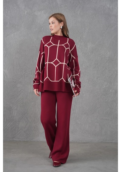 Park Karon Kadın Dik Yaka Desenli Oversize Kazak Pantolon Triko Alt-üst Takım Bordo Park Karon Kadın Dik Yaka Desenli Oversize Kazak Pantolon Triko Alt-üst Takım Bordo