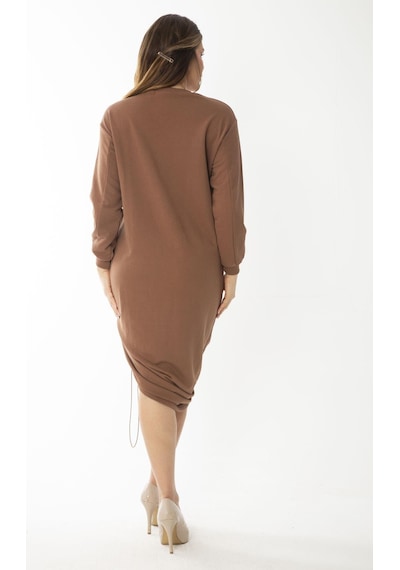 Şans Kadın Büyük Beden Kemik Eteği Lastik Büzmeli Sweatshirt Elbise 65n37082-taba Taba