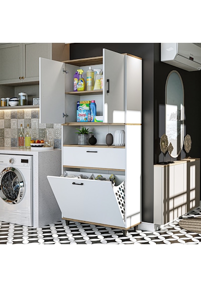 Çamaşır Sepetli Banyo Dolabı, Çok Amaçlı Dolap 90 X 200, Roomart Atlantik Çam - Beyaz Çamaşır Sepetli Banyo Dolabı, Çok Amaçlı Dolap 90 X 200, Roomart Atlantik Çam - Beyaz