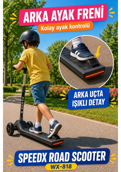 Antrasit Işıklı Müzikli Speedx Road Scooter Wx-818 3 Tekerlekli Çocuk Scooterı Geniş Dokulu Taban