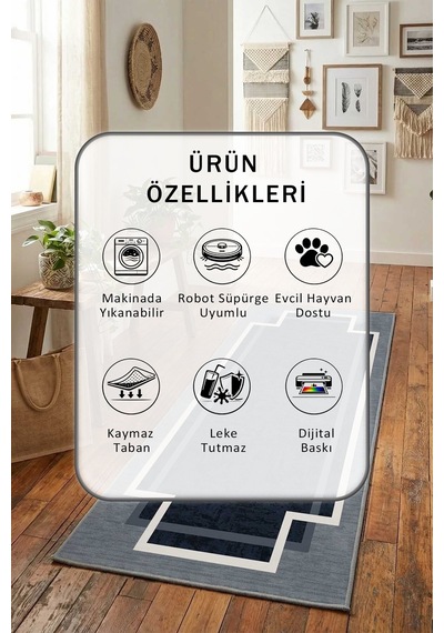 Lacivert Salon Mutfak Yatak Odası Dijital Yıkanabilir Yolluk