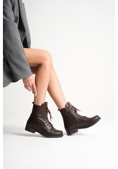 Analin Shoes Kadın Hakiki Deri Bağcıklı Ve Fermuarlı Bot Kahve