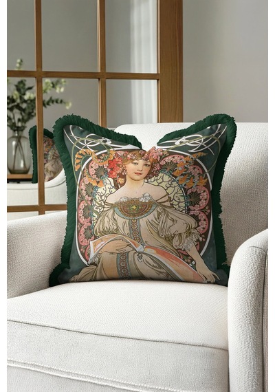 Art Nouveau Saçaklı Yastık Kılıfı - Romantik Kadın Figürü Bohem Yeşil Püsküllü Kırlent Kılıfı Çok Renkli