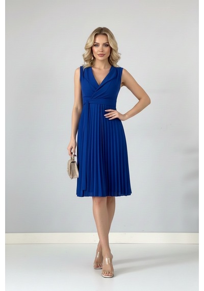 Defymoda Kadın Plise Detaylı Kuşaklı Modern Elbise Mavi