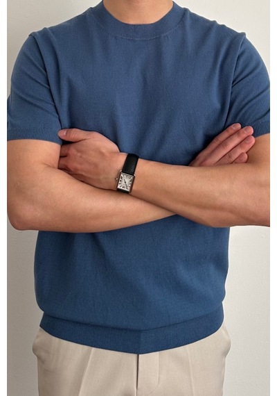 Tarz Cool Erkek Slim Fit Bisiklet Yaka Triko T-shirt Saks