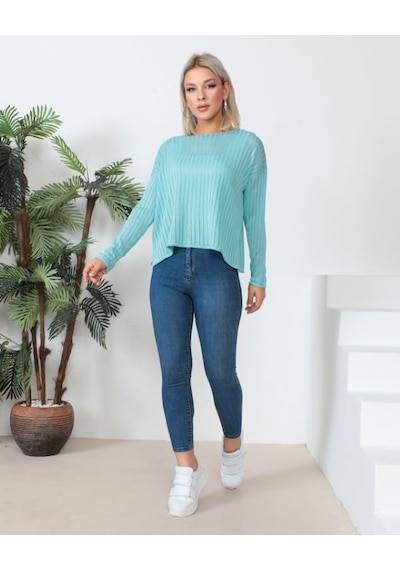Uzun Kollu Ajurlu Bluz 23aj0021-turkuaz