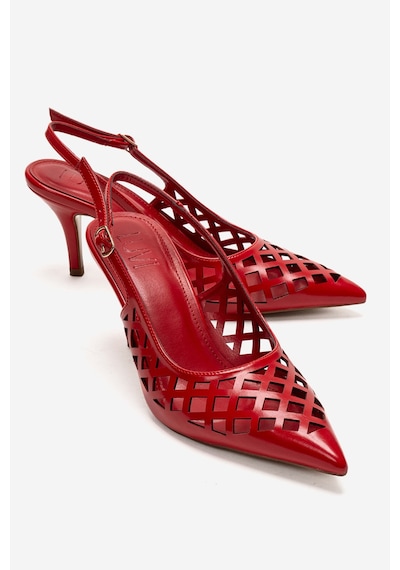 Luvishoes Jever Kırmızı Cilt Lazer Kesim Sivri Burun Slingback Kadın İnce Topuklu Ayakkabı Kırmızı