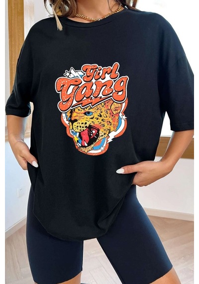 Unisex Girl Gang Baskılı T-shirt Siyah