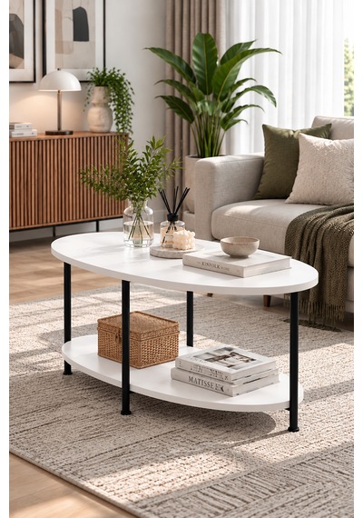 Oval Orta Sehpa 90 Cm İki Katlı Raflı Metal Ayaklı Modern Dekoratif Salon Sehpası Beyaz